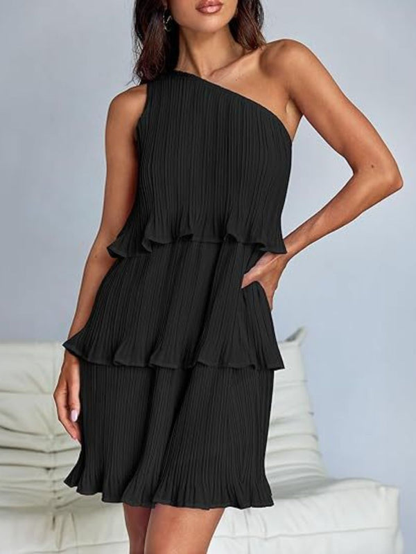 Layered single shoulder mini dress with ruffled design in black.