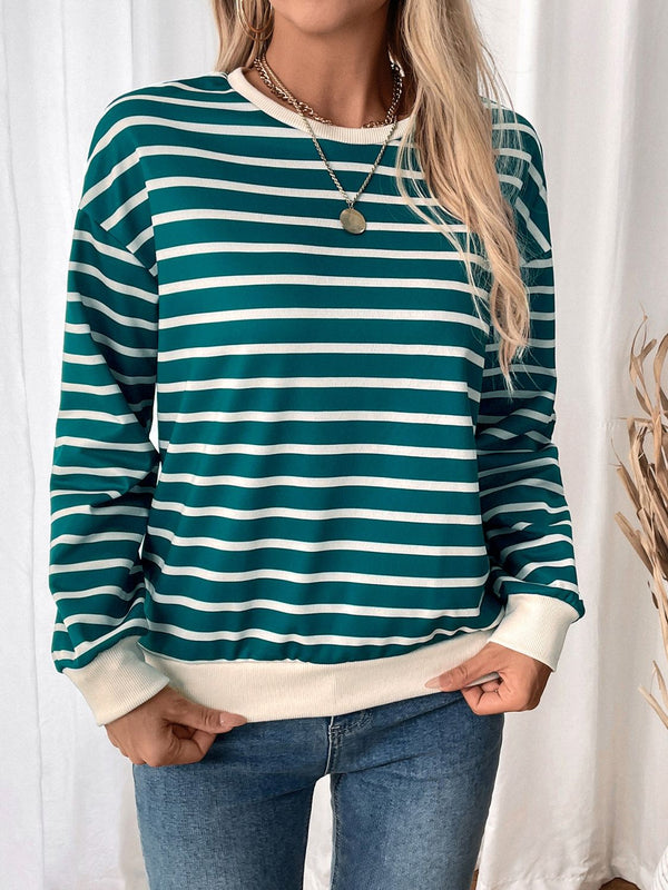 Perfee striped contrast round neck long sleeve sweatshirt in green and white.