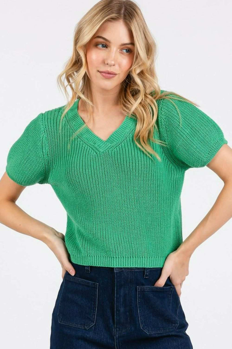 Mittoshop V-Neck Sweater in green, featuring short sleeves and a trendy cropped design.