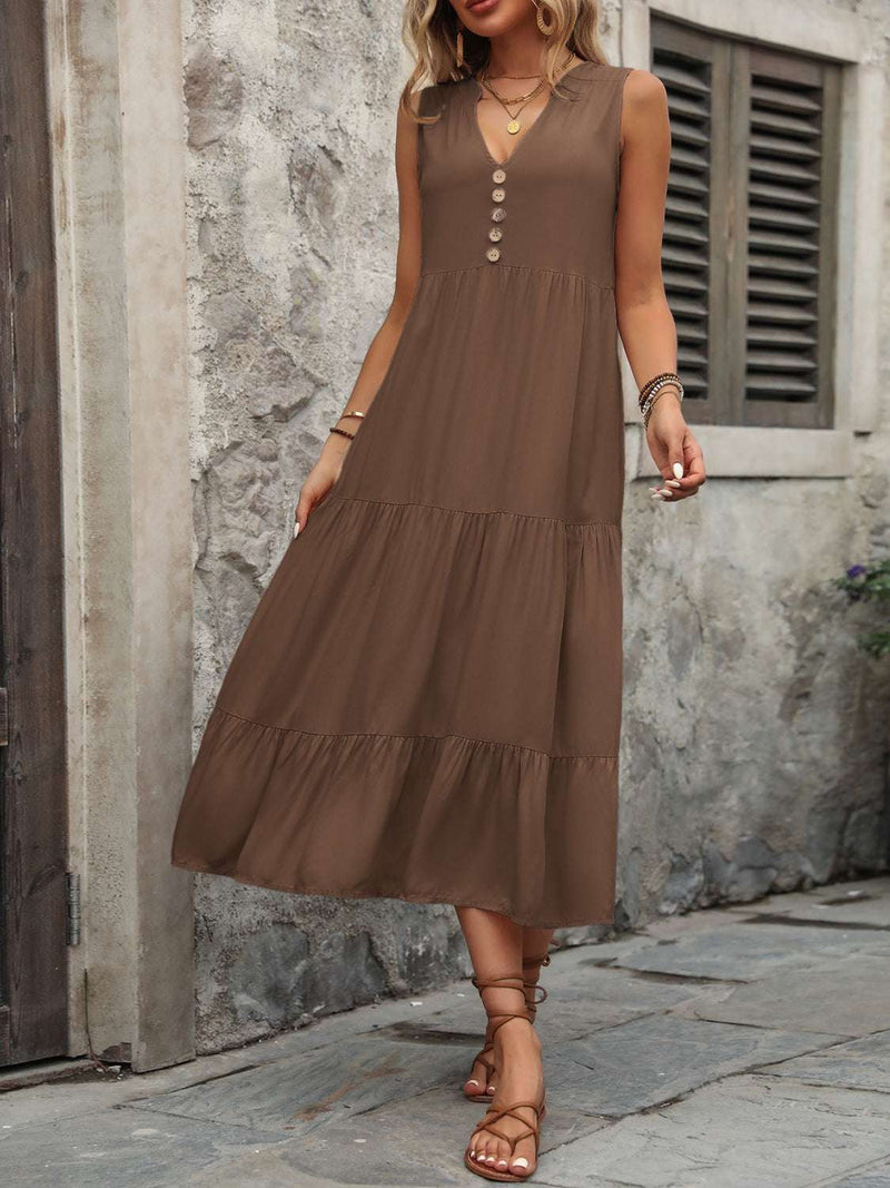 Ivy Lane brown sleeveless dress with decorative buttons, made of 100% cotton.