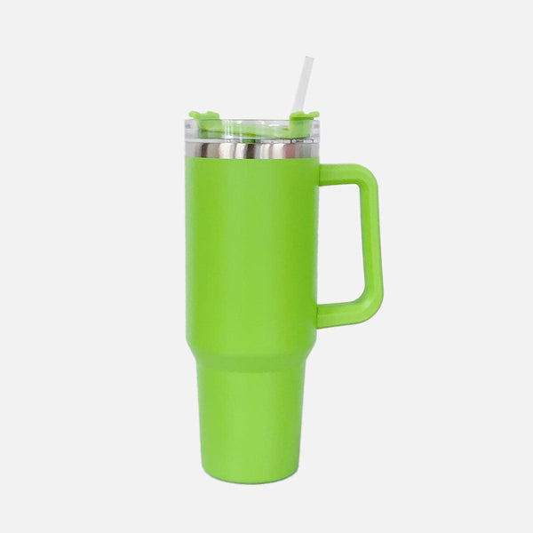 Green stainless steel tumbler with handle and straw, 40 oz capacity.