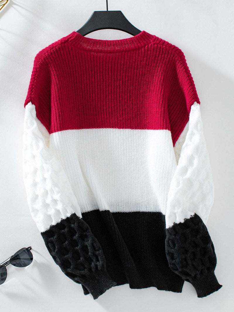 Color Block Round Neck Long Sleeve Sweater with vibrant colors.