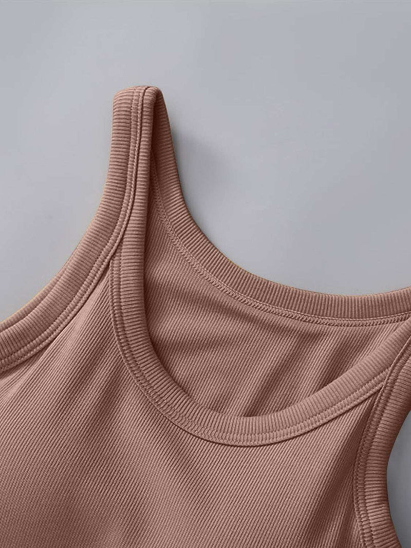 Round Neck Tank with Bra in beige fabric, showing ribbed texture.