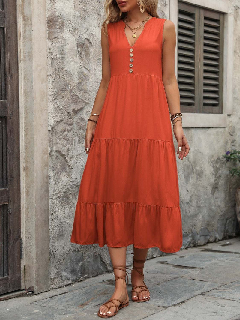 Ivy Lane decorative button notched sleeveless dress in orange.