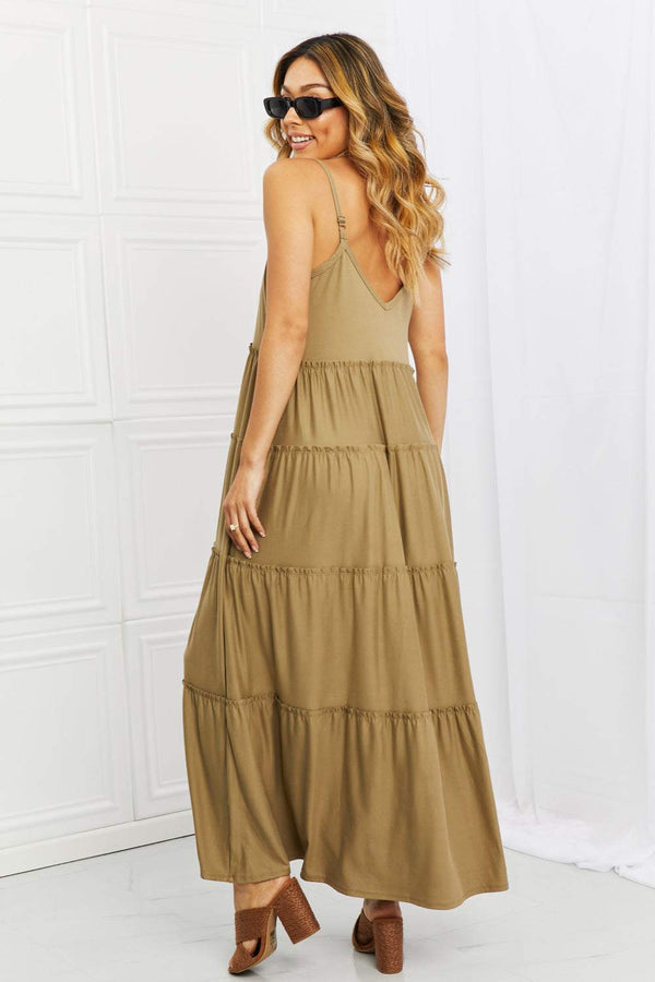 Zenana full size spaghetti strap tiered dress with pockets in khaki, casual maxi style.