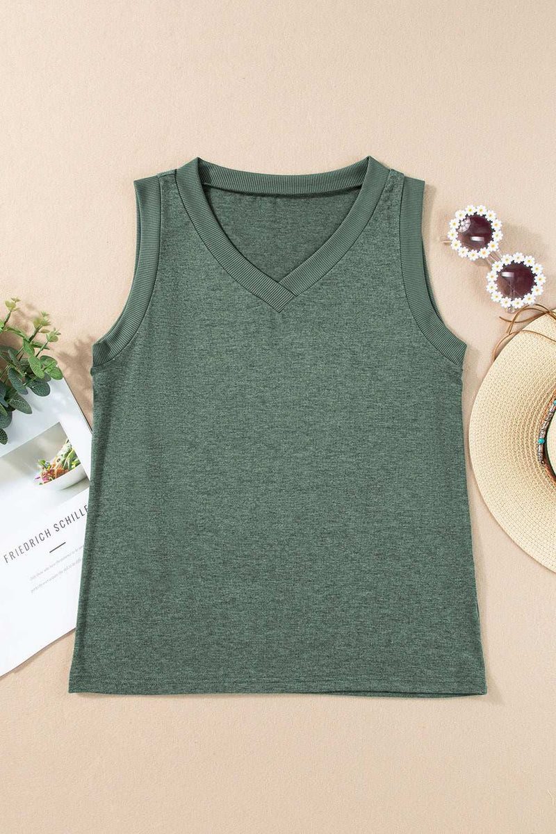V-Neck Wide Strap Tank in green, basic style, stretchy polyester-viscose blend.