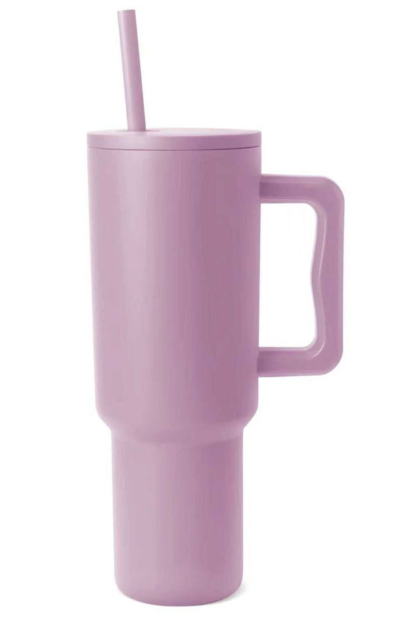 Monochromatic stainless steel tumbler with handle and matching straw.
