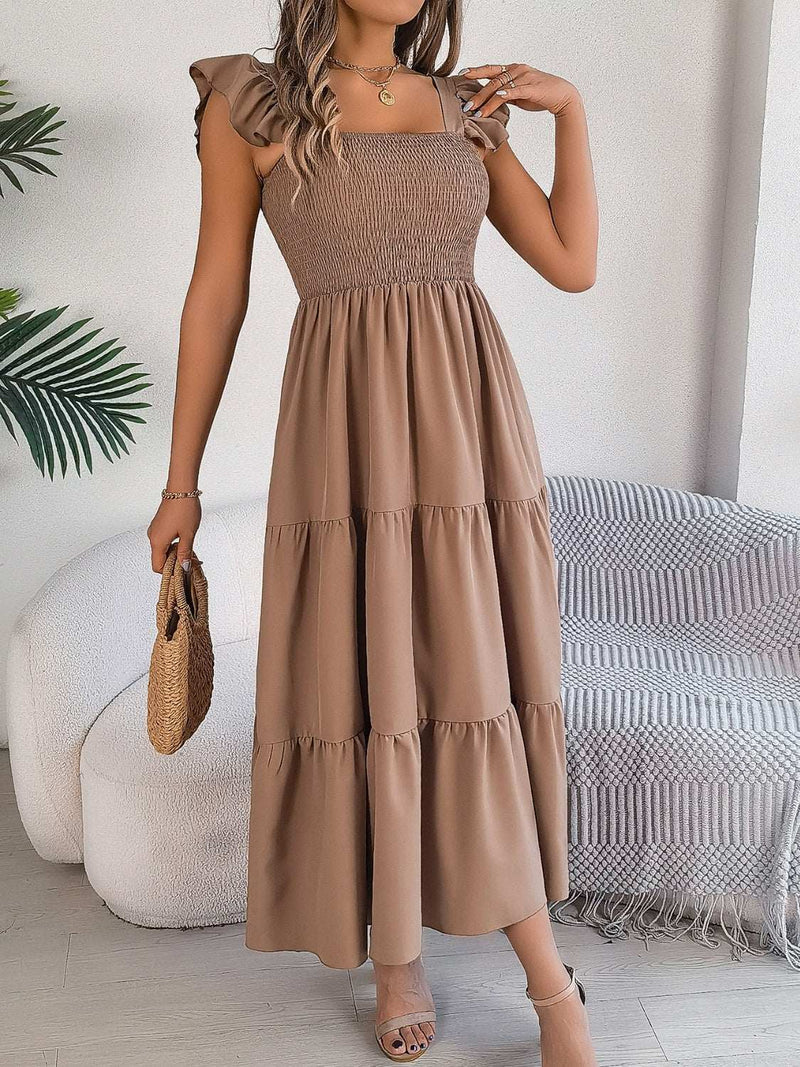 Smocked square neck cap sleeve midi dress in brown, tiered design.