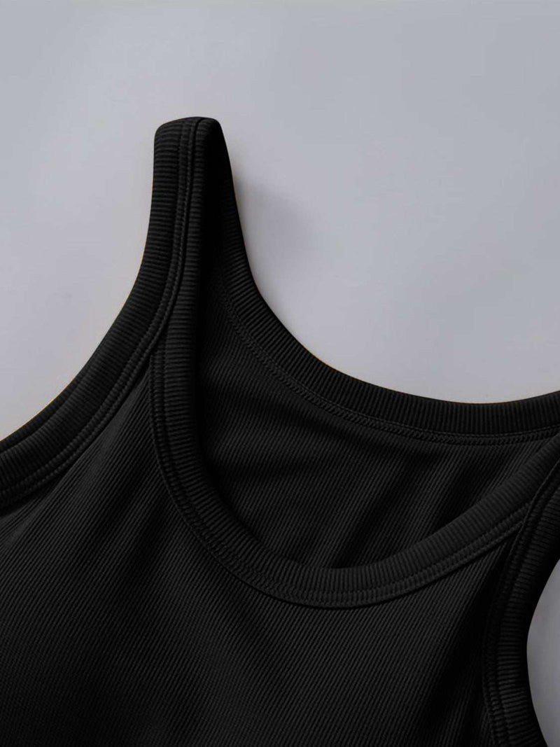 Round neck black tank with built-in bra, moderate stretch.