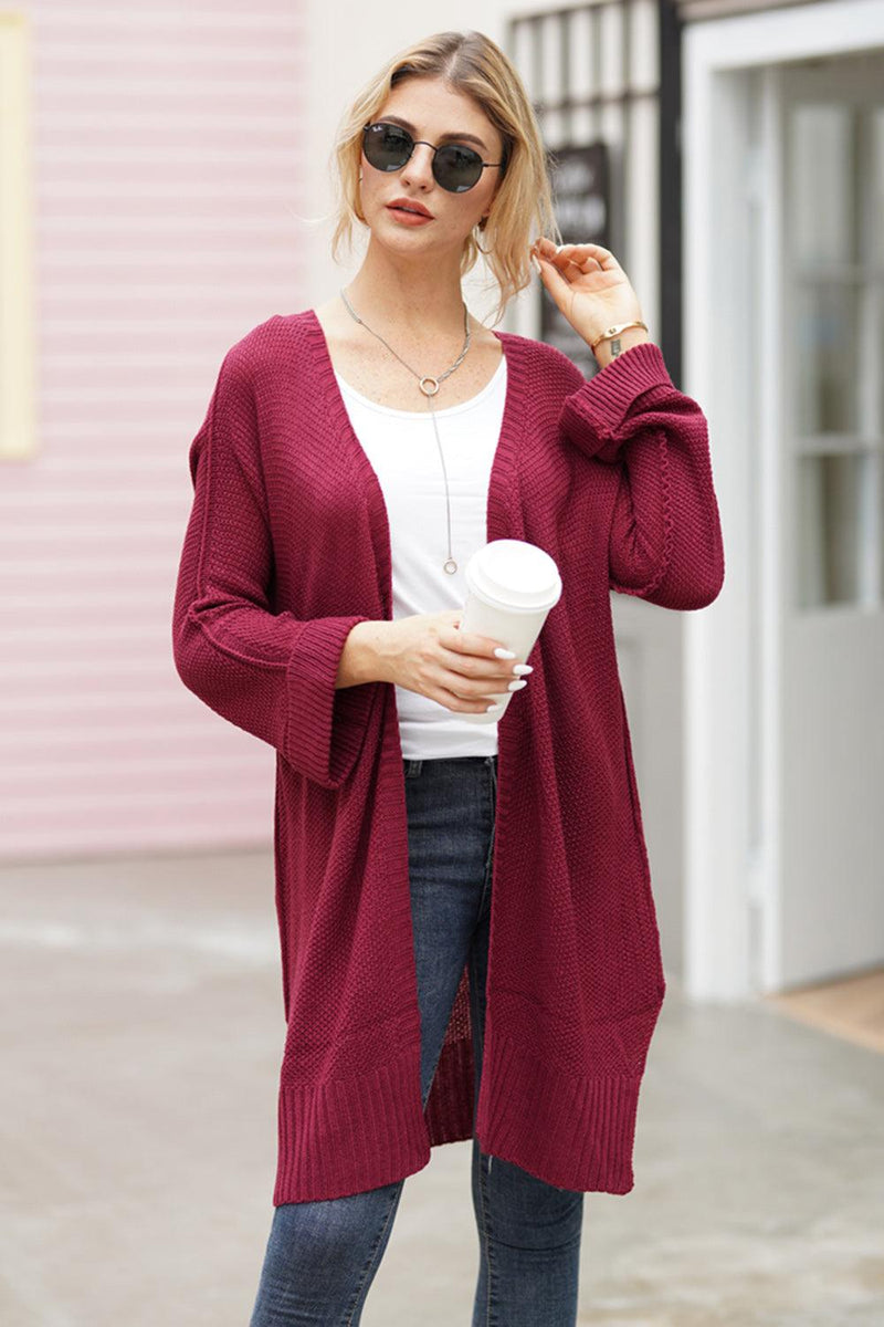 Open Front Long Sleeve Cardigan in burgundy, worn by woman with sunglasses, styled with white top and jeans.