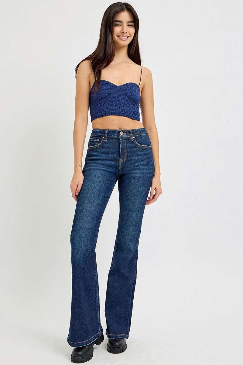 Retro Chic High Rise Flare Jeans with Pockets in dark blue wash, flattering high waist and classic flare leg.