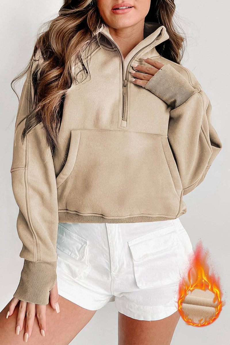 Fleece lined zip up stand collar thumbhole sleeve sweatshirt, stylish winter wear.