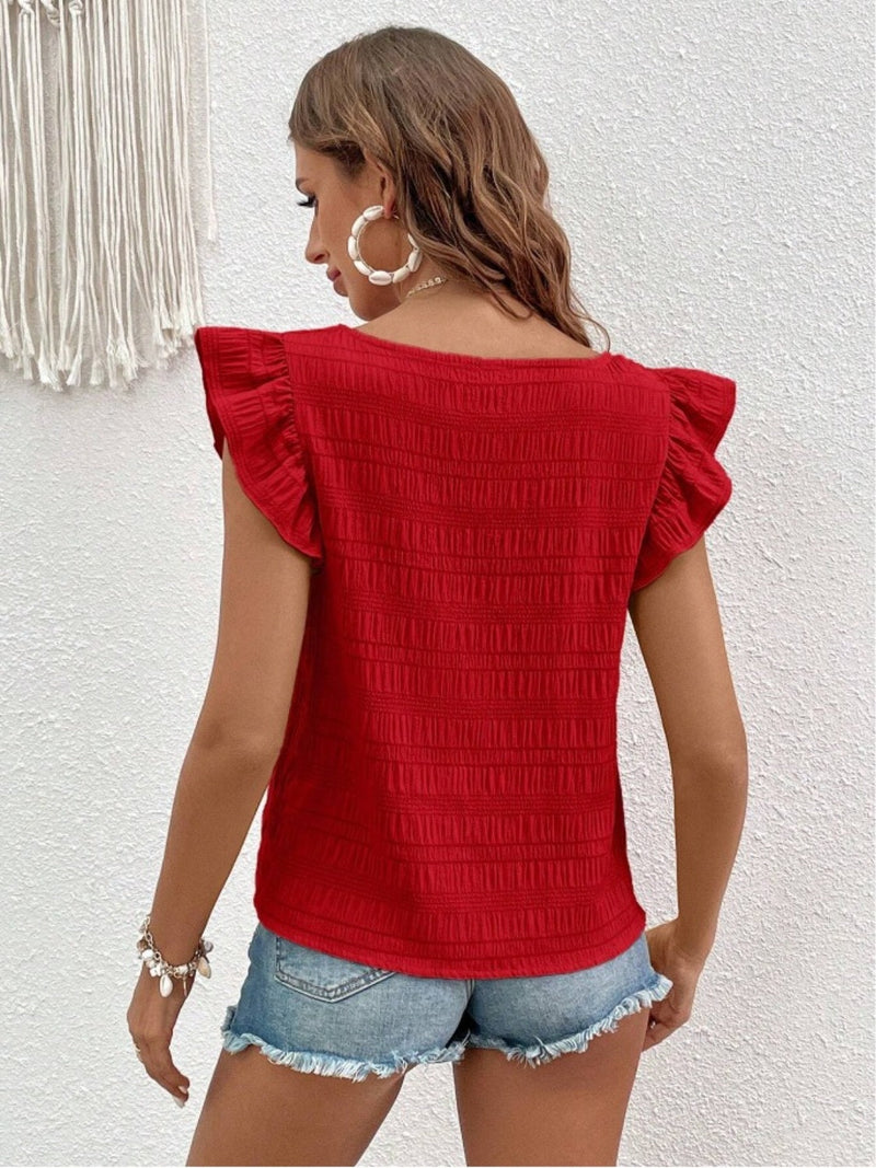Ruffled square neck cap sleeve blouse in red, featuring a stylish design with no stretch and made of polyester and spandex.
