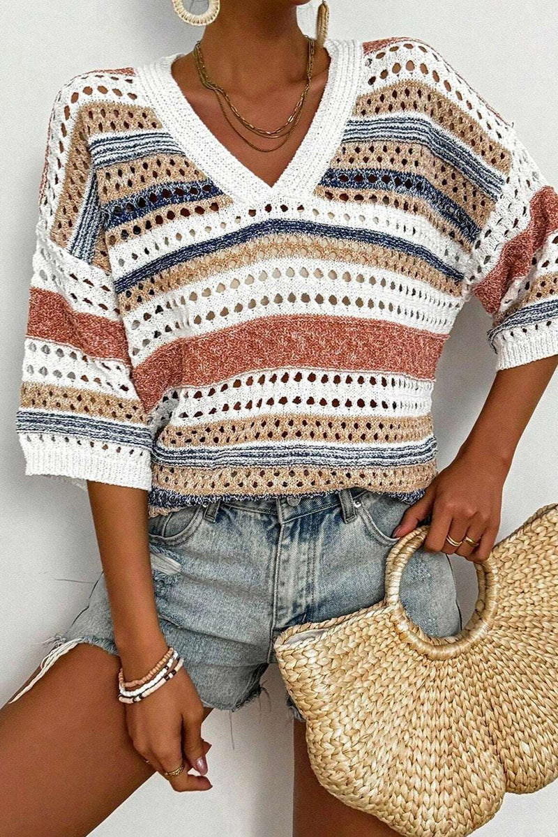 Striped hollow out half sleeve knit top in openwork design.