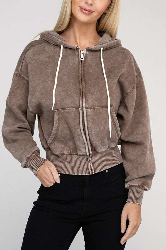 Acid wash fleece cropped zip-up hoodie with drawstring hood and pockets worn by model.