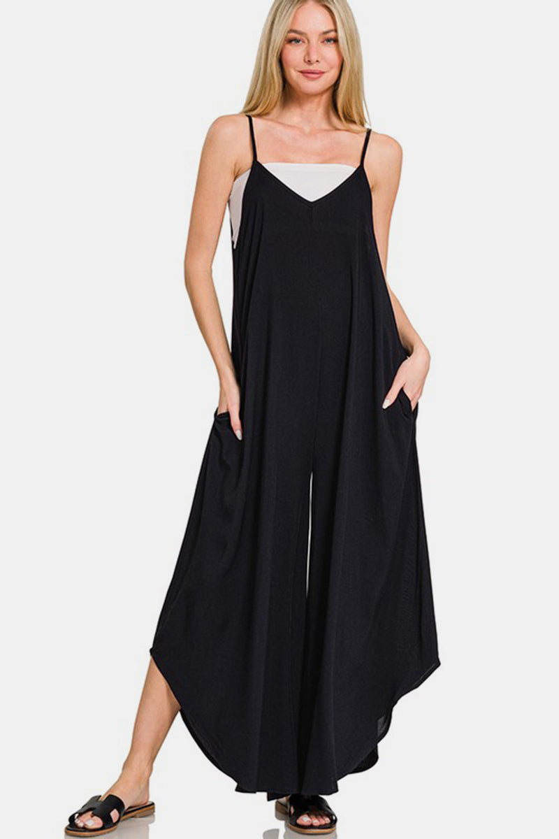 Zenana Spaghetti Strap Wide Leg Overalls with Pockets in black.