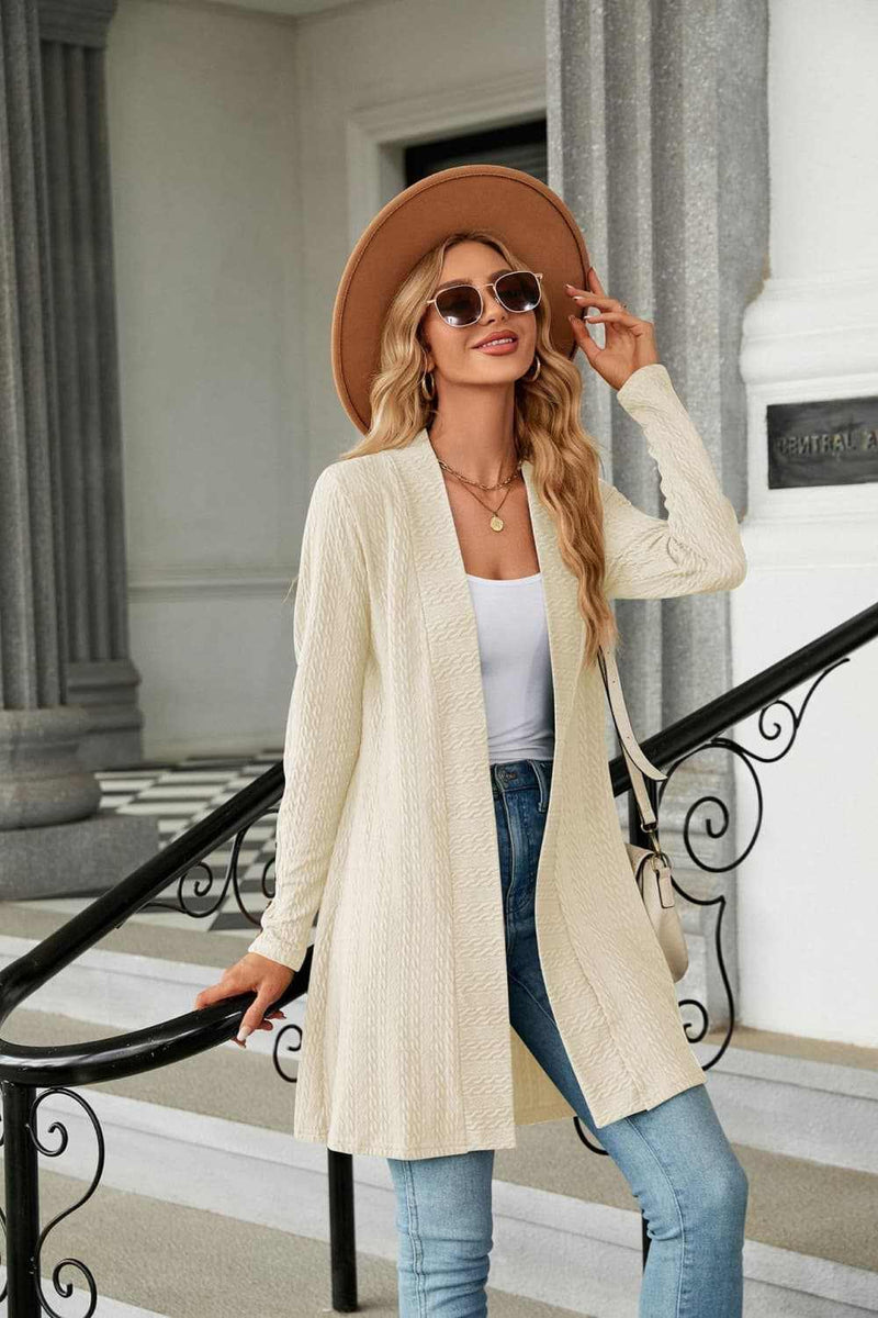 Long sleeve open front cardigan, solid pattern, casual style.
