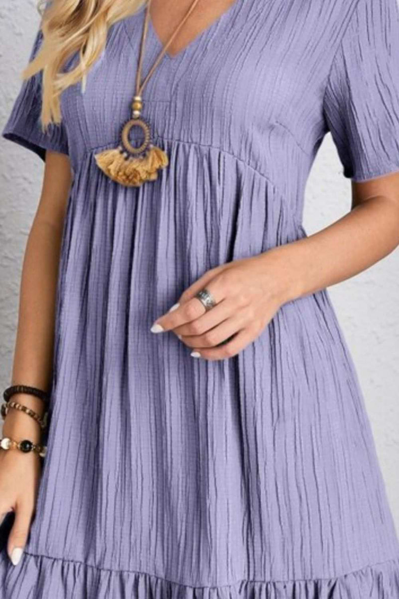 Full Size V-Neck Short Sleeve Polyester Dress in Light Purple