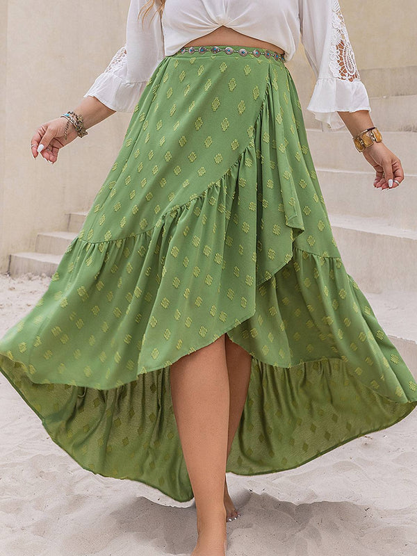 Plus size ruffled high-low skirt in green, 100% polyester material.