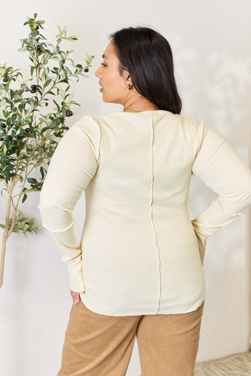 Culture Code ribbed round neck long sleeve top in cream.