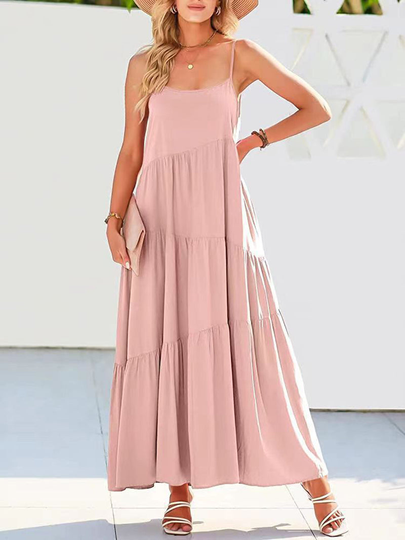 Full size ruched tiered spaghetti strap dress in soft fabric.