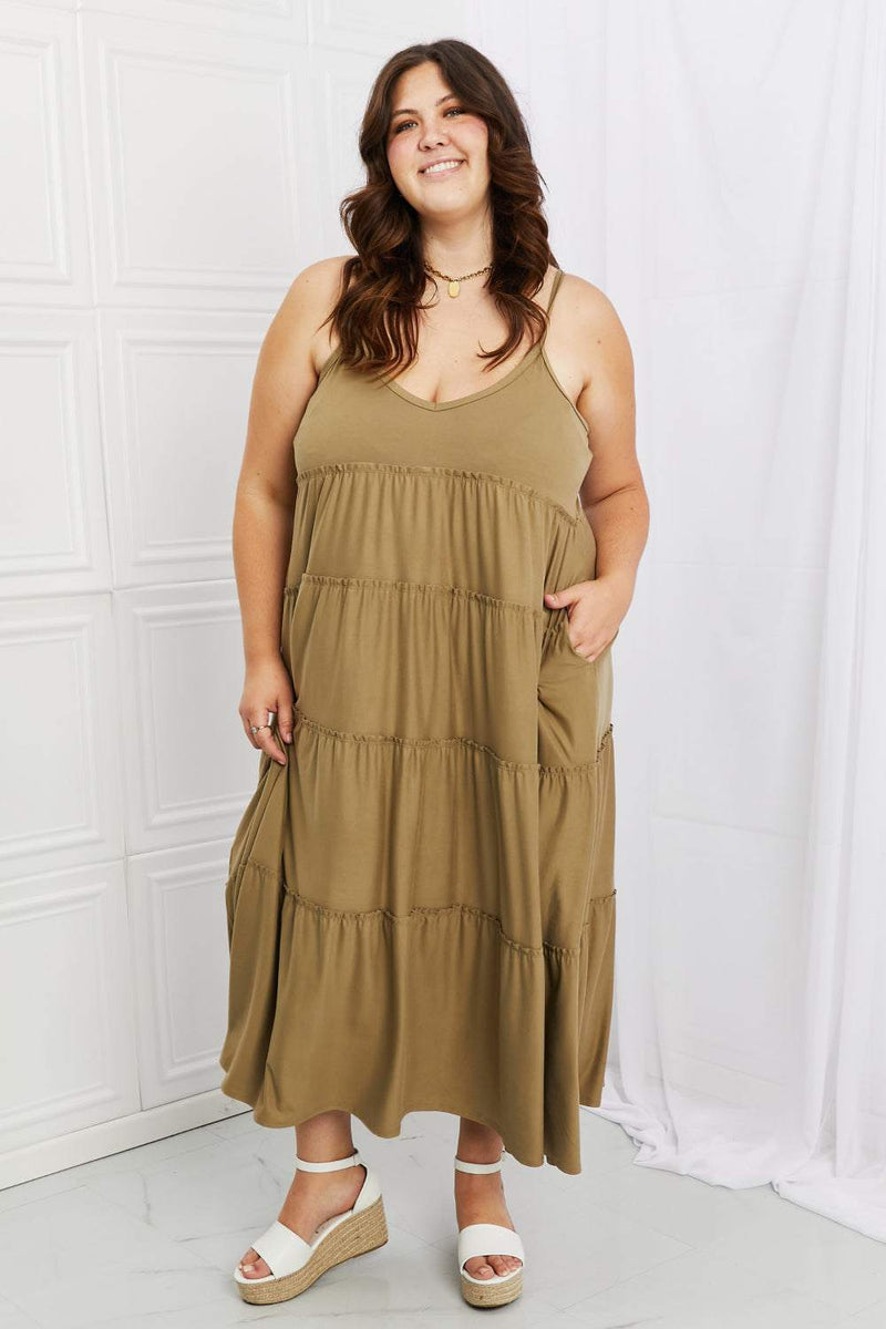 Zenana Full Size Spaghetti Strap Tiered Dress in Khaki with Pockets
