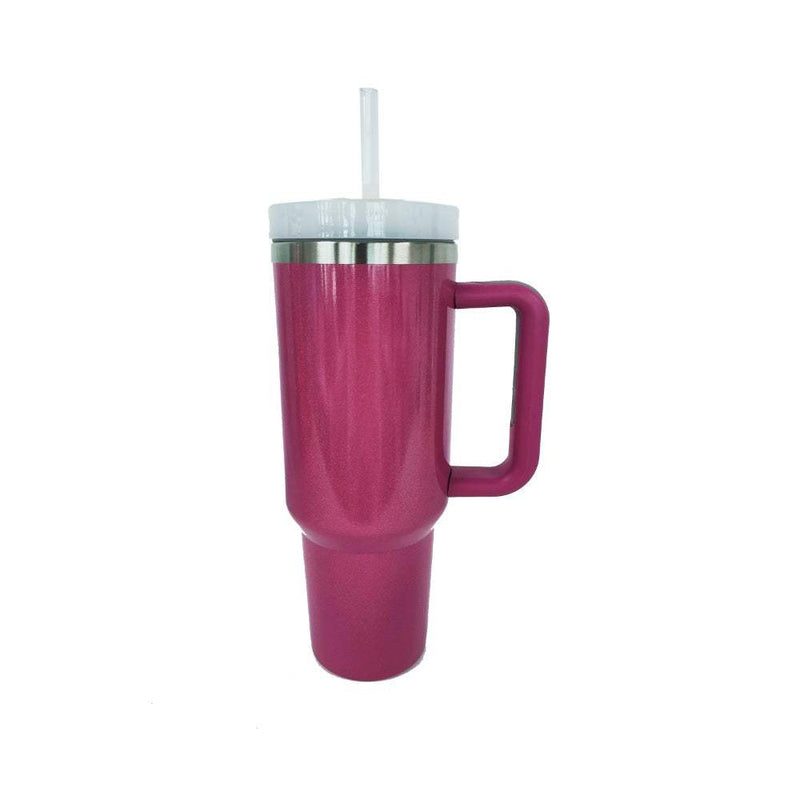 Stainless steel tumbler with handle and straw, pink, glitter, 40 oz capacity.