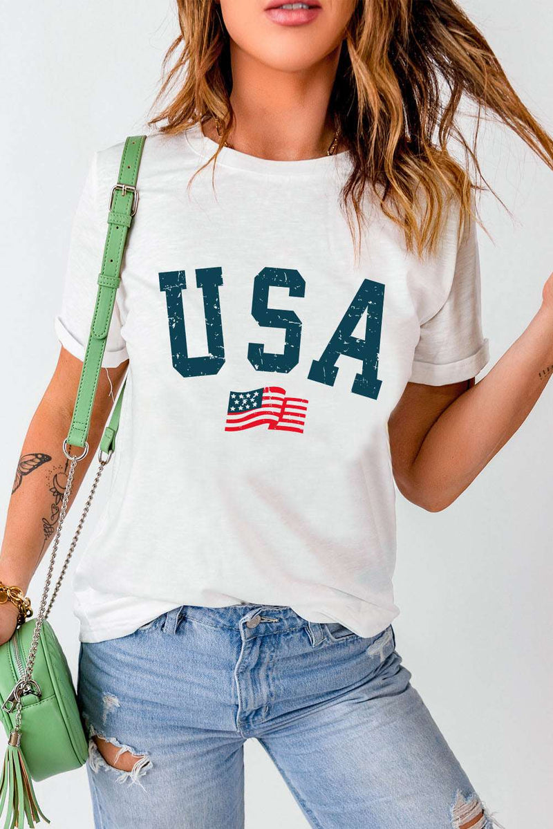 USA Round Neck Short Sleeve T-Shirt, white with USA print, women's casual style.
