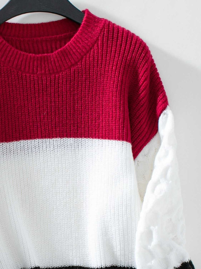 Color Block Round Neck Long Sleeve Sweater with a vibrant and playful design.