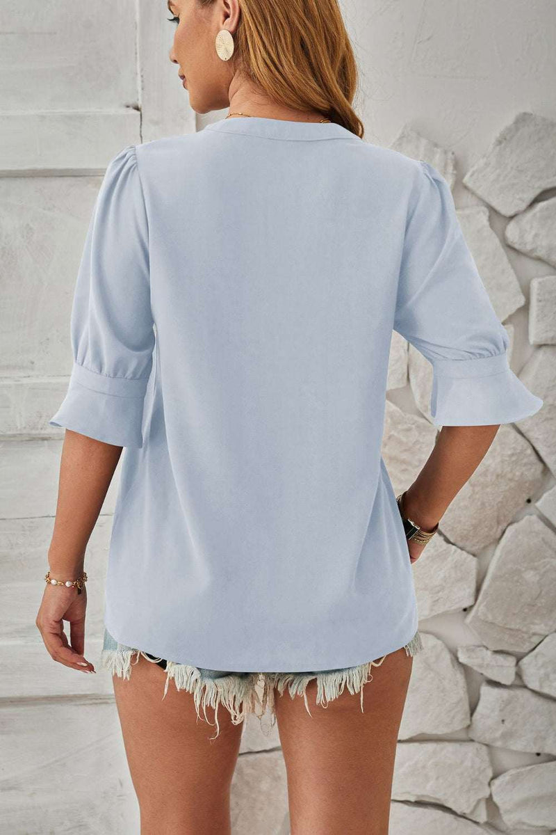 Notched Half Sleeve BlouseFeatures: Basic style
Sheer: Opaque
Stretch: No stretch
Material composition: 100% polyester
Care instructions: Machine wash cold. Tumble dry low.
Imported


Size
USAll TopsTrendsiKlondike Creek Unique BoutiqueNotched Half Sleeve Blouse