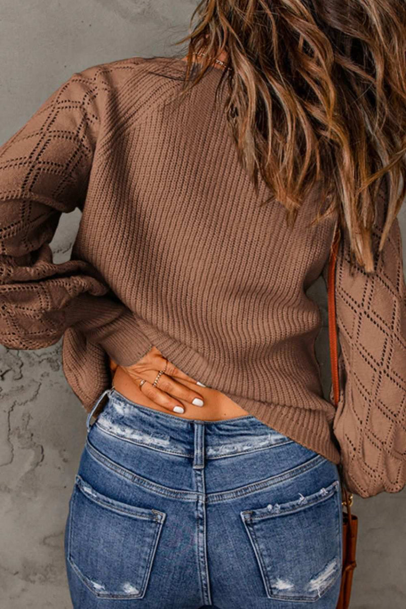 Openwork V-neck button-up cardigan in brown, featuring long sleeves and a slightly stretchy texture.