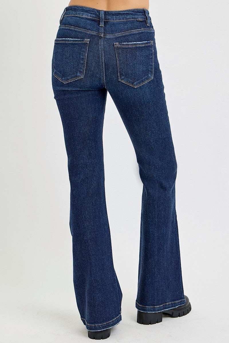 Retro Chic High Rise Flare Jeans with pockets in dark blue wash.