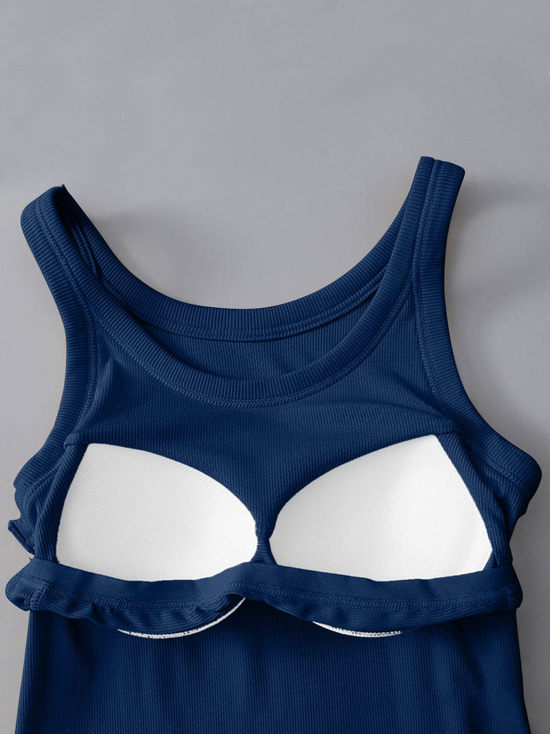 Round neck tank with built-in bra, blue, moderate stretch viscose-blend.