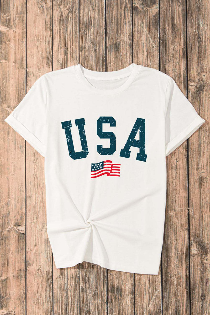 USA Round Neck Short Sleeve T-ShirtFeatures: Basic style
Sheer: Opaque
Stretch: Slightly stretchy
Material composition: 62% polyester, 32% cotton, 6% elastane
Care instructions: Machine wash cold. TumAll TopsTrendsiKlondike Creek Unique BoutiqueUSA Round Neck Short Sleeve