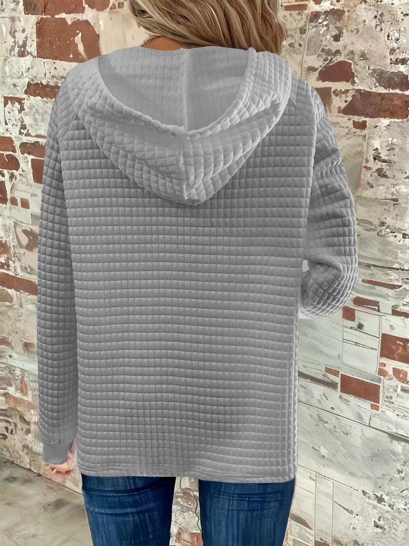 Full Size Texture Button Detail Drawstring Long Sleeve Hoodie in gray, back view showing quilted design and hood.