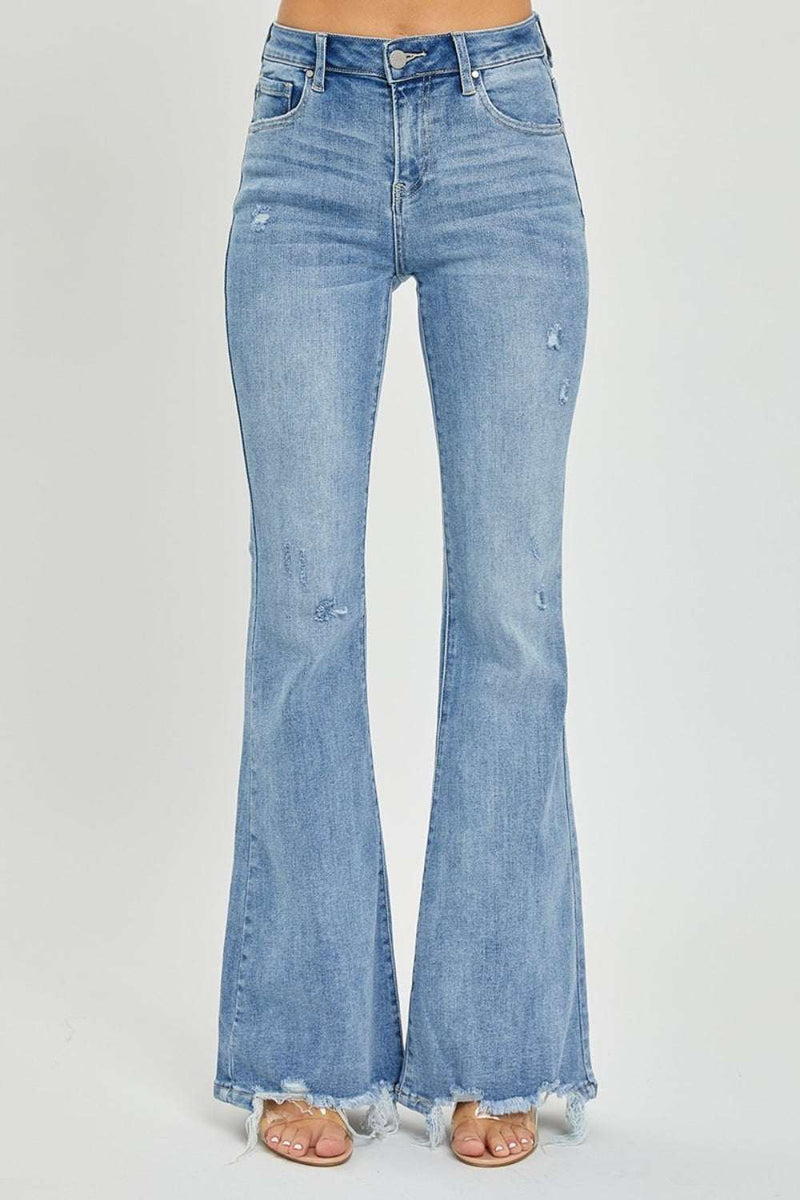 Risen Full Size High Rise Frayed Hem Flare JeansStep into style and comfort with our Risen Full Size High Rise Frayed Hem Flare Jeans! Designed for the modern woman who loves to express herself, these jeans blend BottomsTrendsiKlondike Creek Unique BoutiqueRisen Full Size High Rise Frayed Hem Flare Jeans