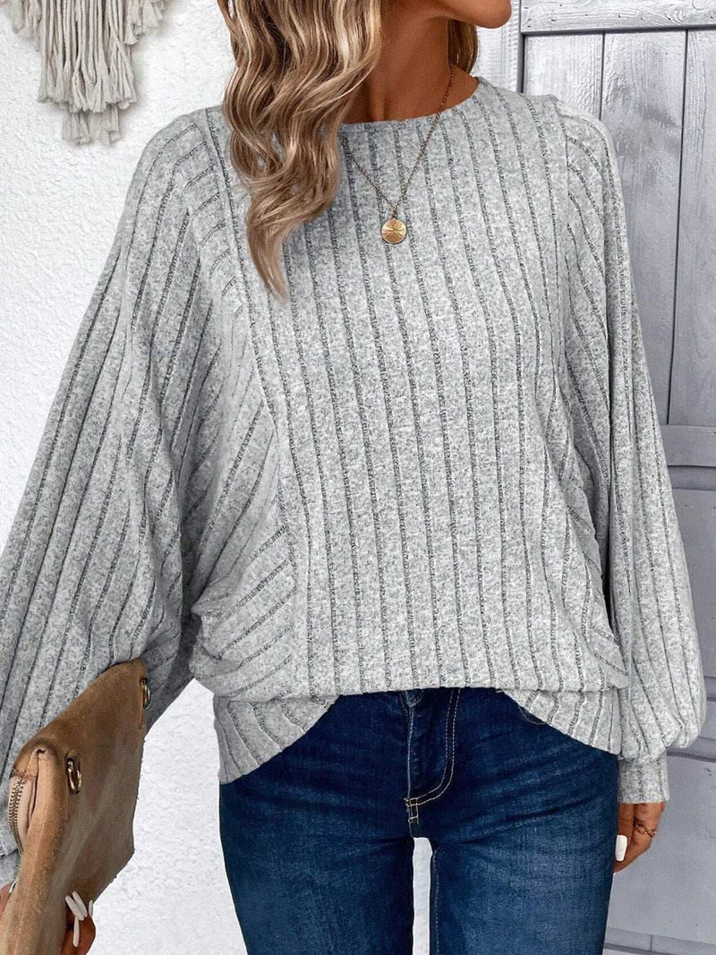 Plus size round neck batwing sleeve T-shirt, gray with subtle stripes.