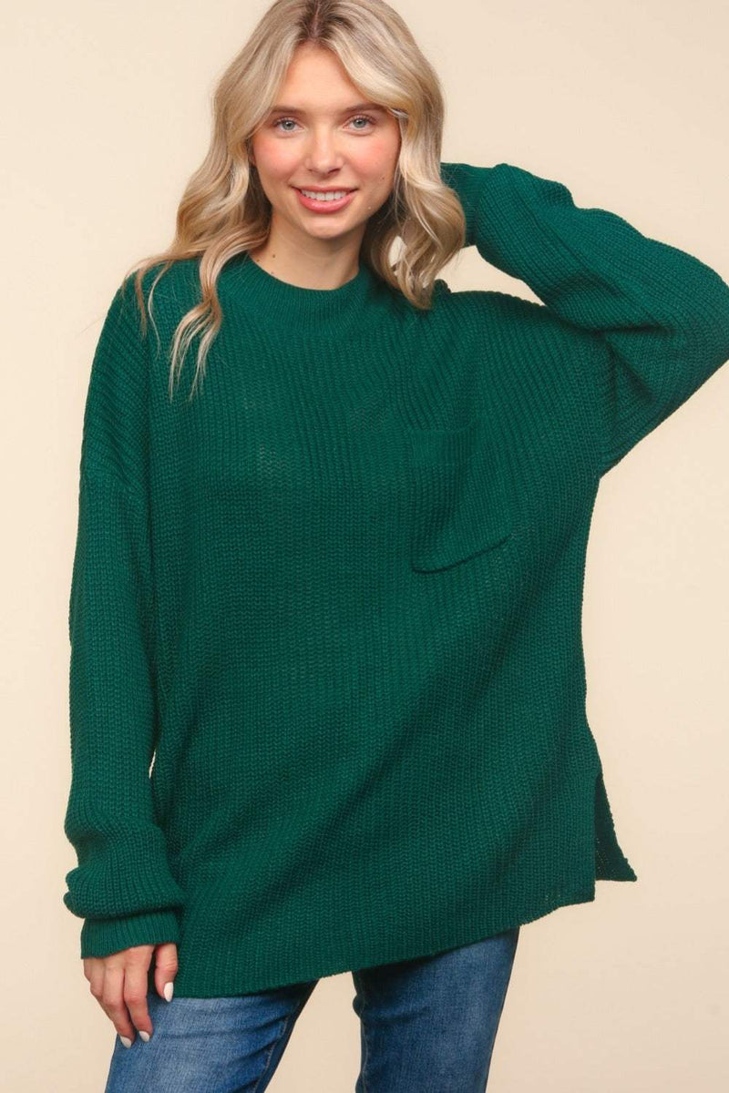 Haptics full size mock neck side slit knit top in green with long sleeves and pocket detail.