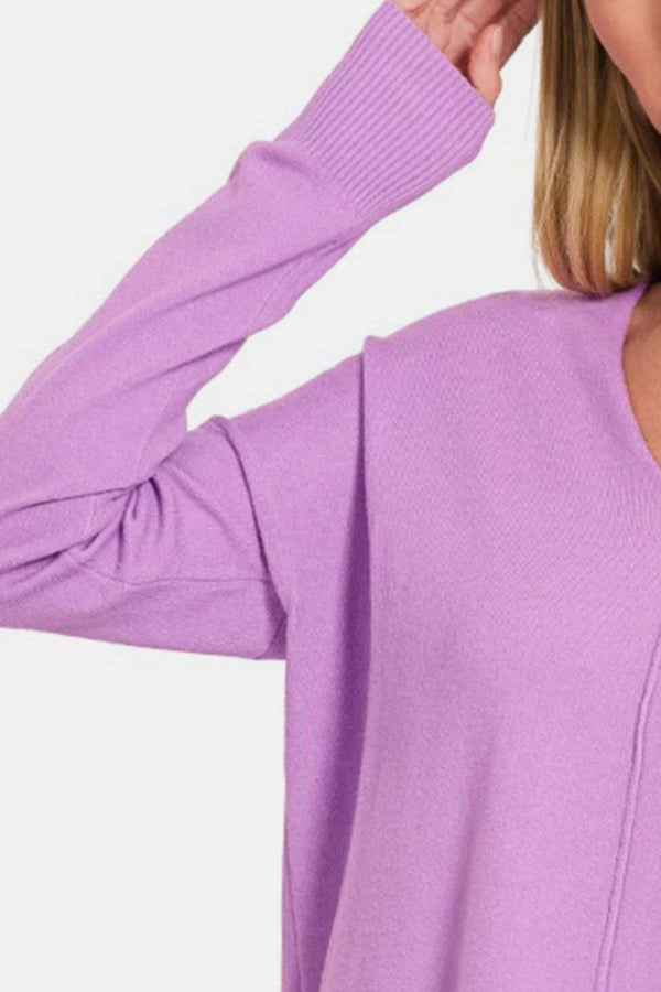 Zenana slit V-neck dropped shoulder sweater in purple.