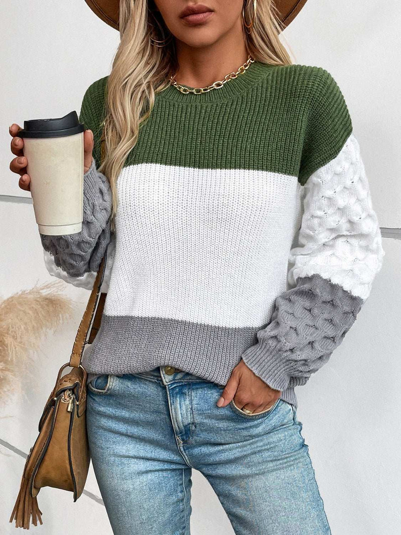 Color Block Round Neck Long Sleeve Sweater with green, white, and gray design.