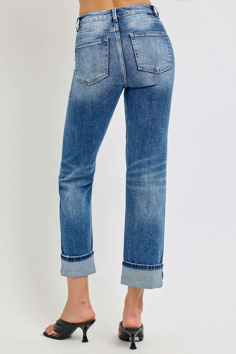 RISEN Full Size High Rise Crop Straight Roll Up Jeans with rolled hem and classic wash.