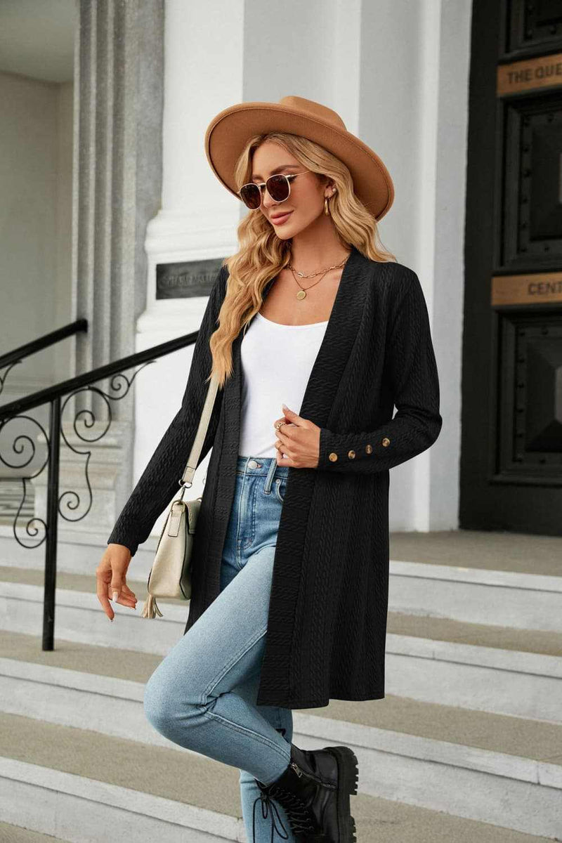 Long Sleeve Open Front Cardigan in solid color, casual style, slightly stretchy material.