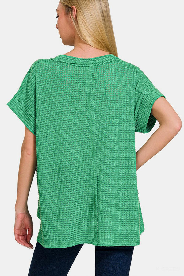 Zenana waffle exposed-seam short sleeve t-shirt in green, trendy textured design.