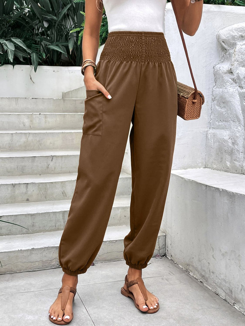 Smocked high rise joggers with pockets in brown, women's fashion.