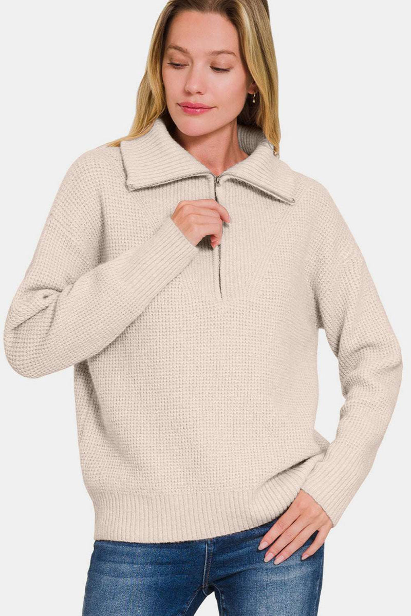 Zenana Half Zip Long Sleeve Sweater in beige, stylish ribbed design, front zip detail.