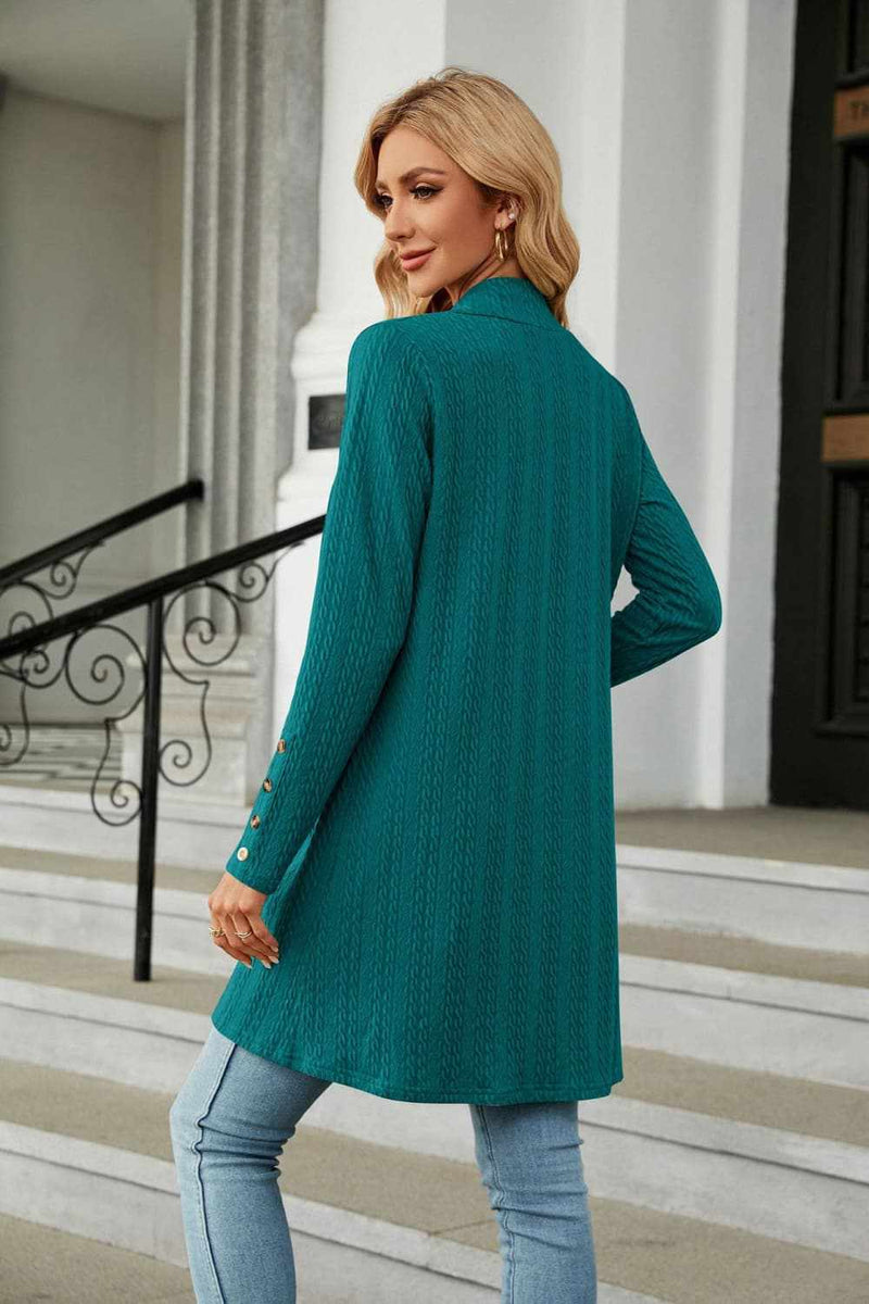 Long sleeve open front cardigan, casual solid pattern, teal color.