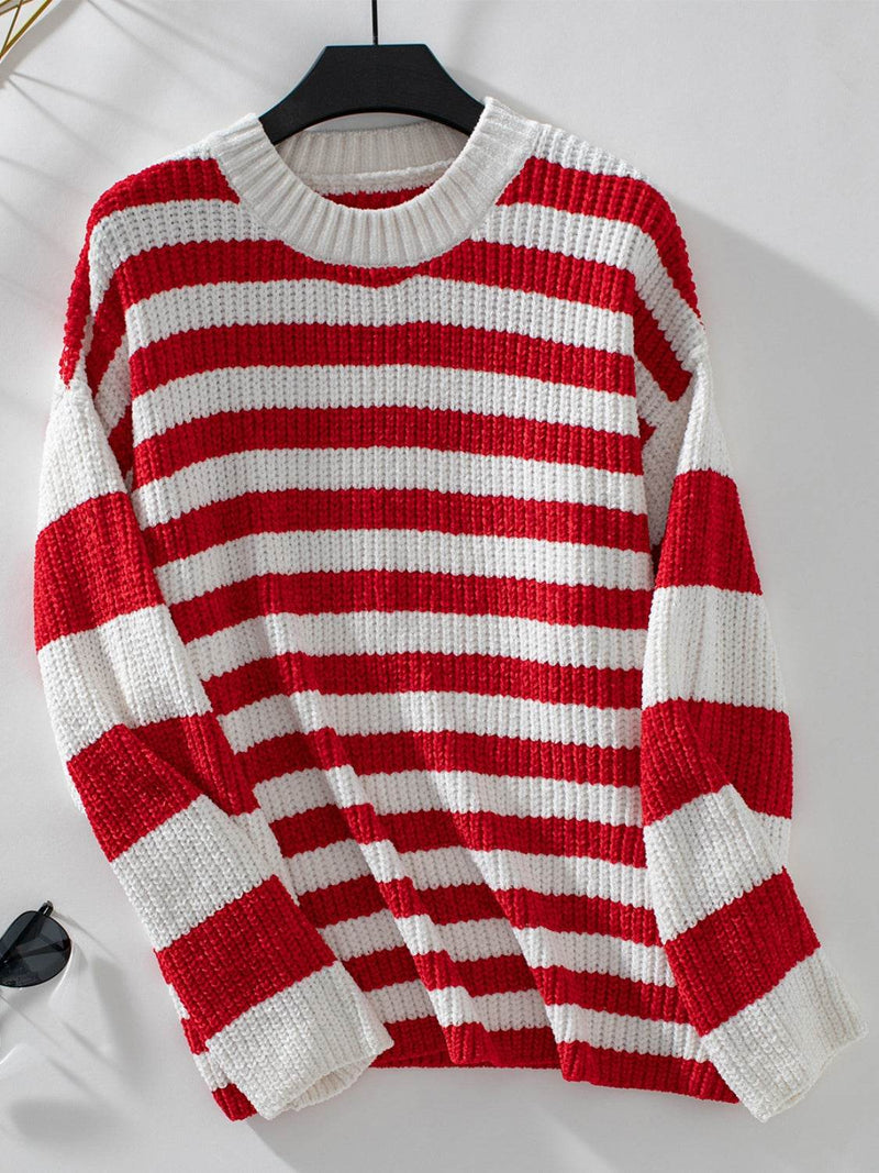 Red and white striped round neck long sleeve sweater.