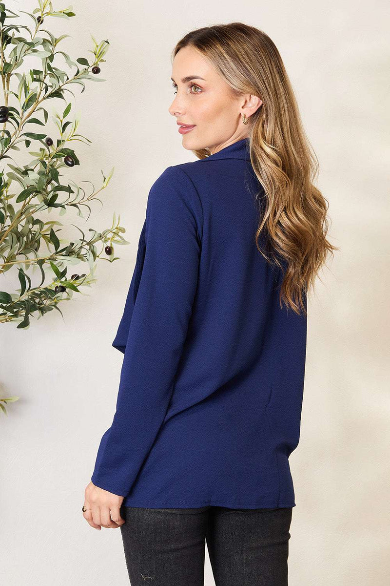 Heimish Full Size Statement Neck Open Front Blazer in navy, rear view.