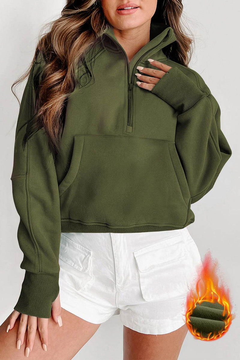 Fleece lined zip up stand collar thumbhole sleeve sweatshirt for warmth and style.