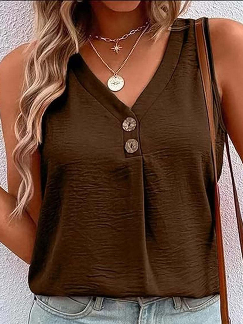 Full Size Decorative Button V-Neck Tank in brown, no stretch fabric, polyester material.